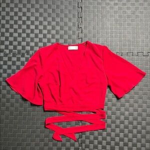 Red Crop Blouse with Bell Sleeves and Tie Front
